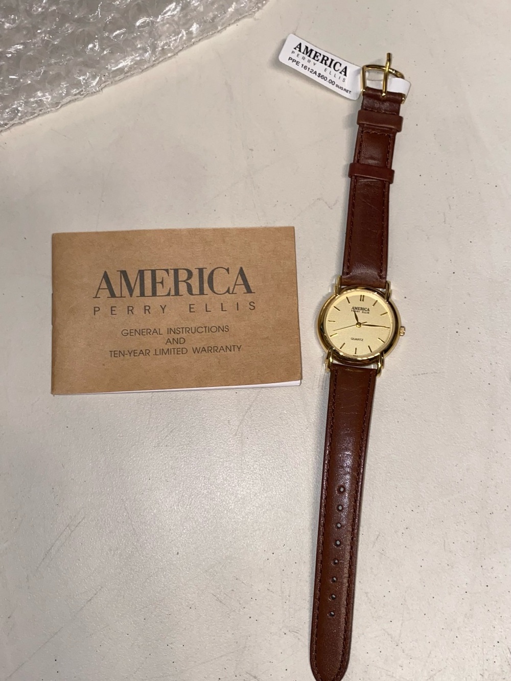Perry Ellis Unisex Gold Dial Watch with Brown Leather Strap